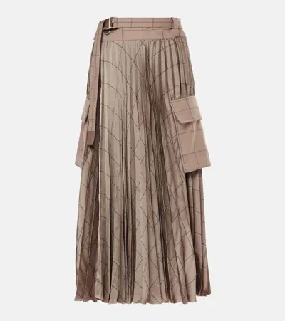 Sacai Checked Pleated Wool-paneled Midi Skirt In Brown