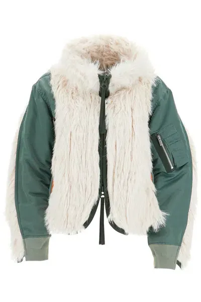 Sacai Jacket With Faux Fur Inserts In Green