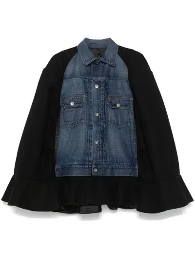 Sacai Denim-panel Cape In Black