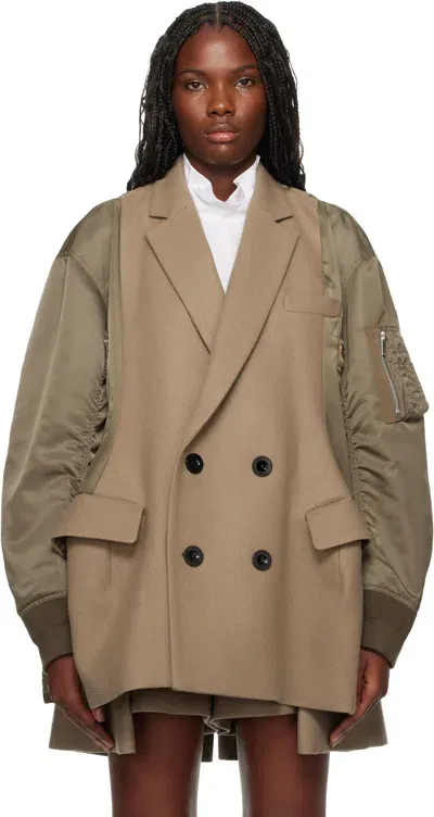 Sacai Khaki & Beige Wool Melton & Nylon Twill Quilted Coat In 663 Beige