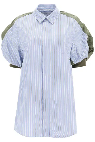 Sacai Shell-trimmed Cotton-poplin Mini Shirt Dress In Blue