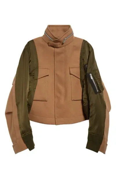 Sacai Mixed Media Jacket In Brown/olive