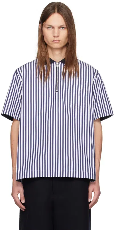 Sacai Navy Half-zip Polo In 222 Navy Stripe