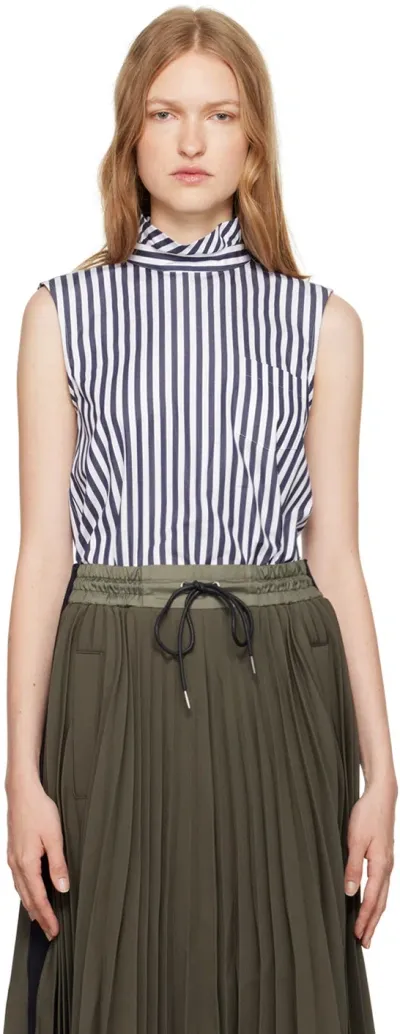 Sacai Striped Cotton Cropped Blouse In Blue