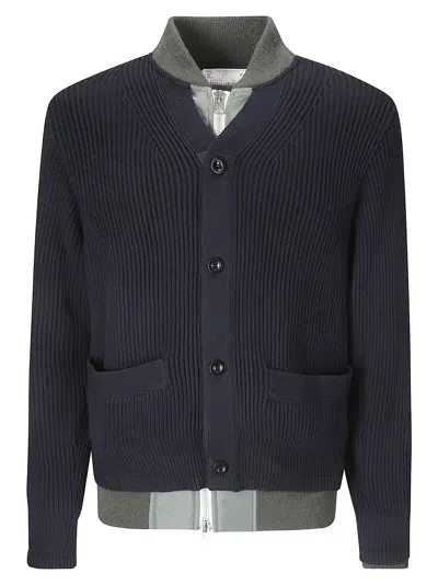 Sacai Nylon Twill X Knit Cardigan In Multicolor