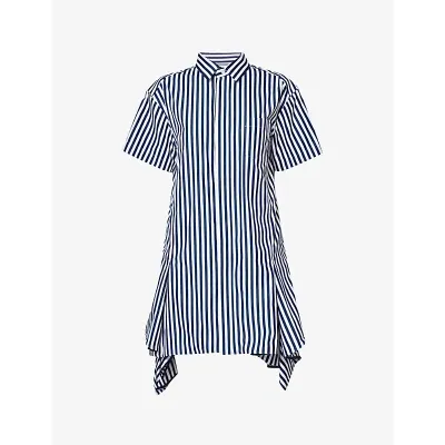 Sacai Womens Navy Stripe Panelled-hem Striped Cotton-poplin Shirt Dress