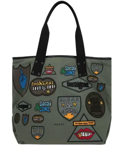 Sacai Patch-embellishment Tote Bag In Green