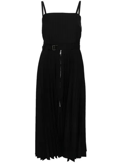 Sacai Pinstriped Pleated Maxi Dress In Black