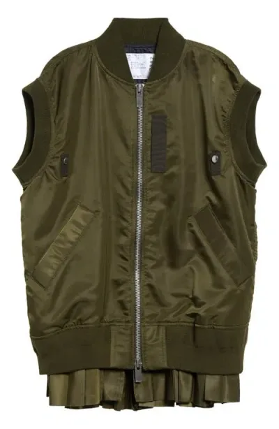 Sacai Pleated Bib Nylon Twill Quilted Vest In Green