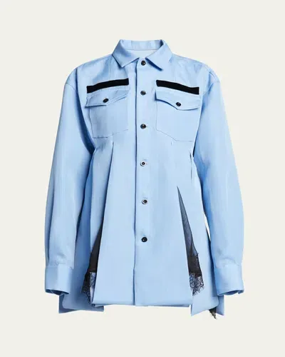 Sacai Pleated Button Down Lace Underlay Mini Shirt Dress In Blue