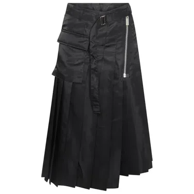 Sacai Pleated Midi Twill Skirt In Black