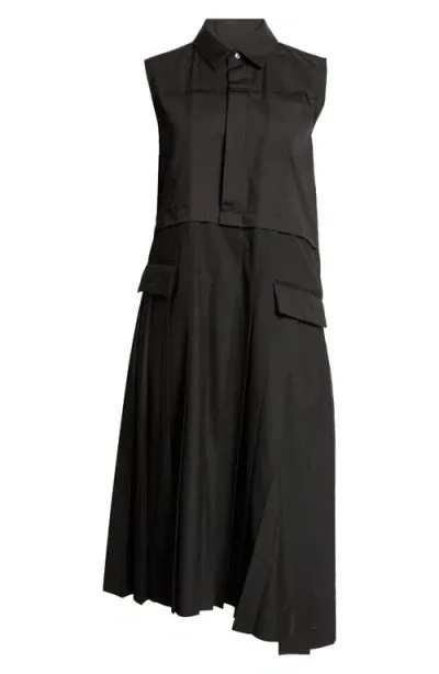 Sacai Pleated Mixed Media Midi Dress In Black