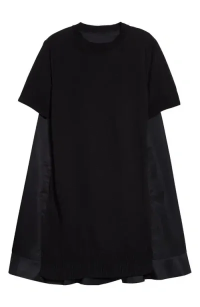 Sacai Short Sleeve Mixed Media Minidress In Black