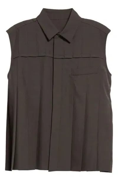 Sacai Suiting Sleeveless Pleated Button-up Shirt In Khaki