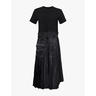 Sacai Mixed Media Belted Dress In Black