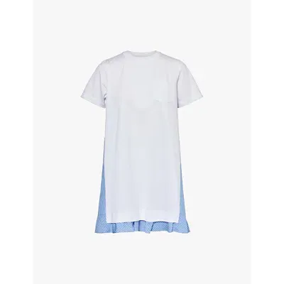 Sacai Womens  Ruffle-hem Striped-panel Cotton Mini Dress In White L/blue Stripe