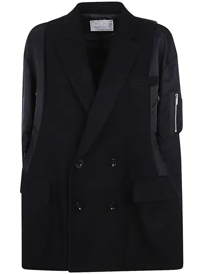 Sacai Wool Melton X Nylon Twill Quilted Coat In Black