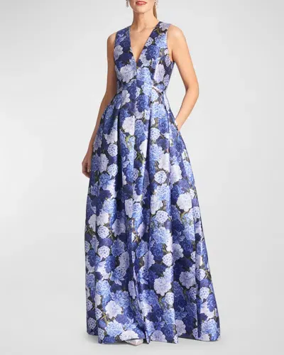 Sachin & Babi Brooke Pleated Floral-print Gown In Rosa Azurro