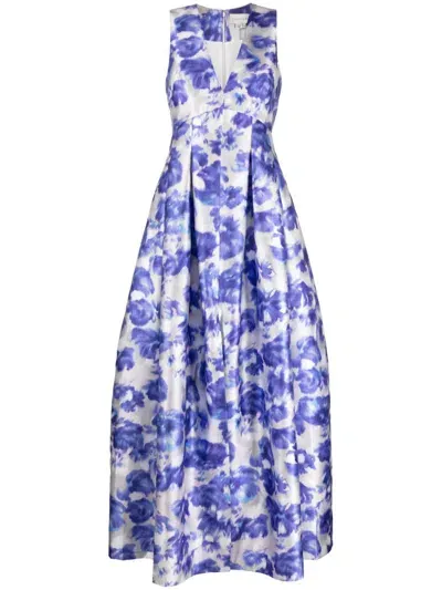 Sachin & Babi Brooke Pleated Floral-print Gown In Azure Watercolor