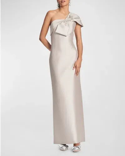 Sachin & Babi Ines One-shoulder Bow Column Gown In Frosty Pewter