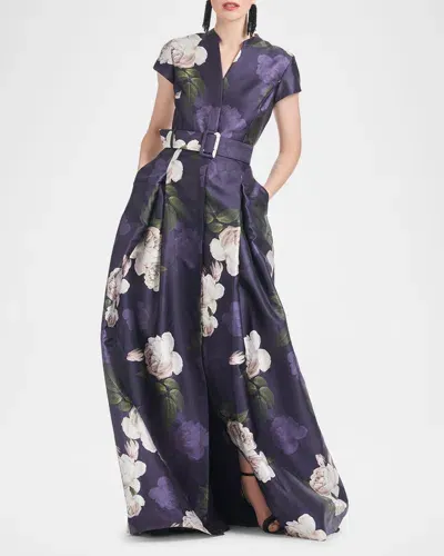 Sachin & Babi Marta Pleated Floral-print Shirt Gown In Twilight Blooms