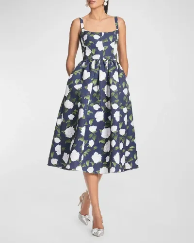 Sachin & Babi Olena Floral Mikado Midi Cocktail Dress In Navy Ivory Moonlit Garden