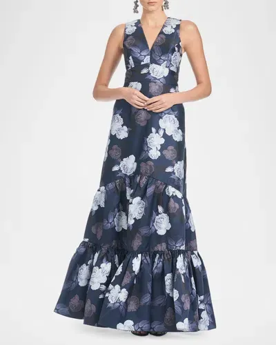 Sachin & Babi Rori Floral-print Flounce Tiered Gown In Midnight Glacial Rose