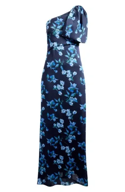 Sachin & Babi Chelsea Floral Print One-shoulder Georgette Gown In Night Sky Venetian Petal