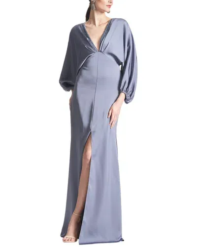 Sachin & Babi Gabby Beaded Blouson-sleeve Satin Gown In Blue