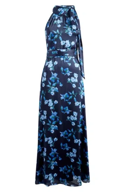 Sachin & Babi Kayla Floral Crinkle Georgette Halter Gown In Night Sky Venetian Petal