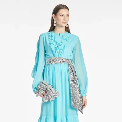 Sachin & Babi Venus Belted Ruffled Gown In Blue Topaz