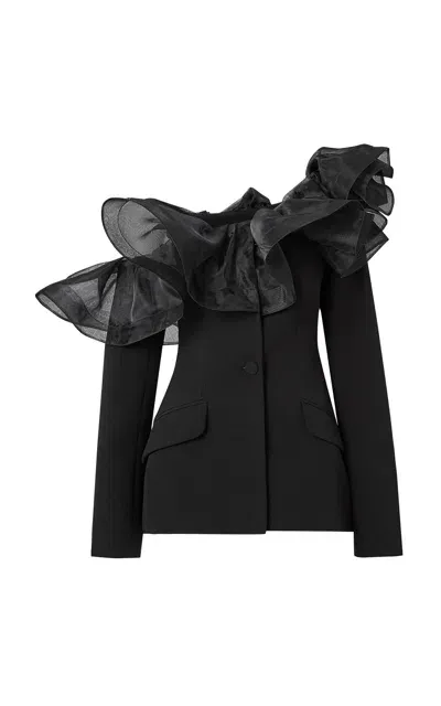 Safiyaa Tao Organza-ruffled Crepe Jacket In Black