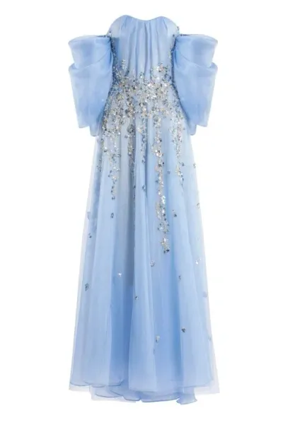 Saiid Kobeisy Organza Dress With Dotted Beading And Pleated Of-shoulder Sleeves In Blue