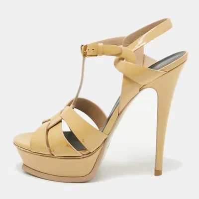 Pre-owned Saint Laurent Beige Patent Leather Tribute Sandals Size 39