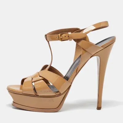 Pre-owned Saint Laurent Beige Patent Leather Tribute Sandals Size 39