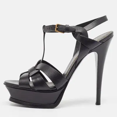 Pre-owned Saint Laurent Black Leather Tribute Ankle Strap Sandals Size 37