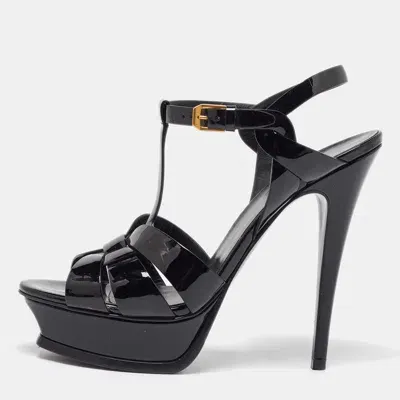 Pre-owned Saint Laurent Black Patent Leather Tribute Platform Sandals Size 39