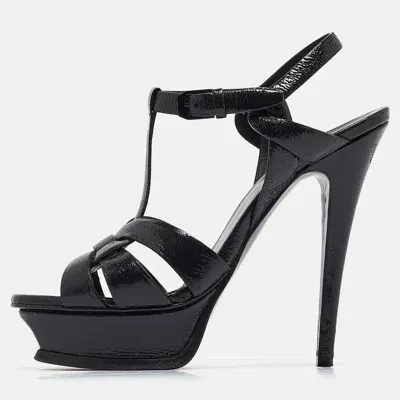 Pre-owned Saint Laurent Black Textured Patent Leather Tribute Platform Ankle Strap Sandals Size 36.5