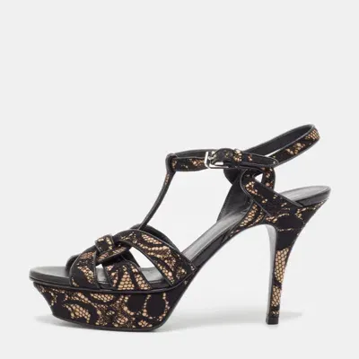 Pre-owned Saint Laurent Black/beige Lace And Satin Tribute Sandals Size 38.5