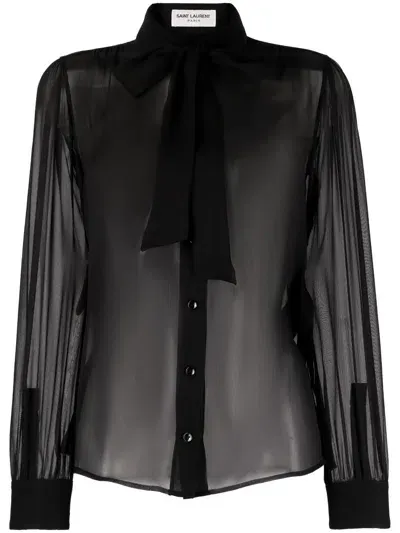 Saint Laurent Bow-detailed Sheer Silk Blouse In Schwarz