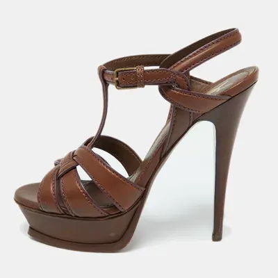 Pre-owned Saint Laurent Brown Leather Tribute Platform Sandals Size 38