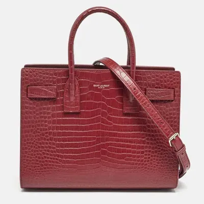 Pre-owned Saint Laurent Burgundy Croc Embossed Leather Baby Classic Sac De Jour Tote