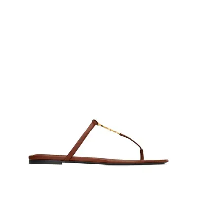 Saint Laurent Cassandra Leather Flat Sandals In Brown