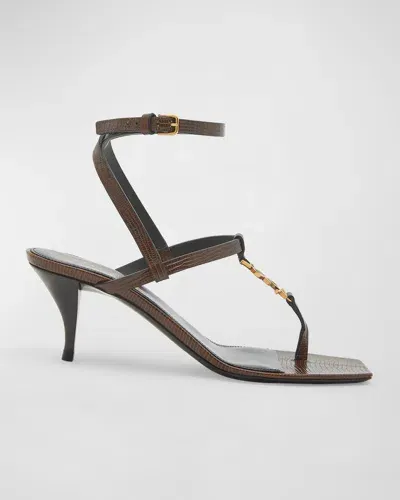 Saint Laurent Cassandra Leather Ysl Ankle-strap Sandals In Macadamia Brown