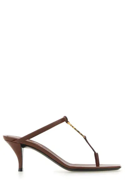 Saint Laurent Cassandra Leather Ysl Thong Mule Sandals In Cigare