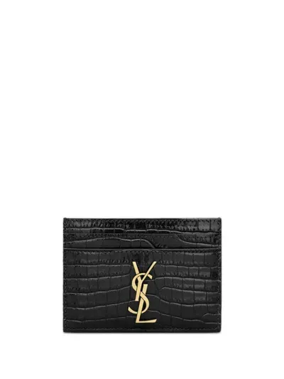 Saint Laurent Cassandre Card Case In Crocodile-embossed Shiny Leather In Black