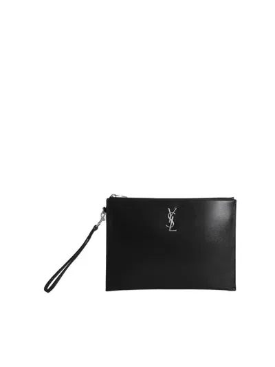 Saint Laurent Cassandre Tablet Holder In Smooth Leather With Zip In Black