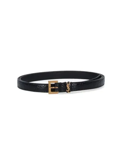 Saint Laurent 'cassandre' Thin Belt In Black  