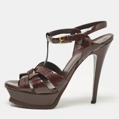 Pre-owned Saint Laurent Dark Burgundy Patent Leather Tribute Sandals Size 37.5