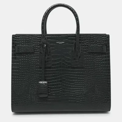 Pre-owned Saint Laurent Dark Green Croc Embossed Leather Small Classic Sac De Jour Tote